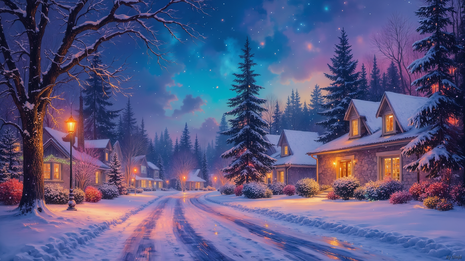 Winter Village Night Wallpaper
