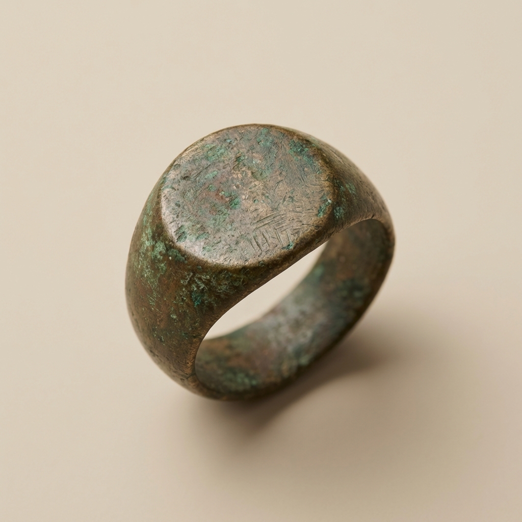 Macro studio photo of an ancient roman bronze ring showing bezel and interior patina and tool marks on a neutral ede7da background