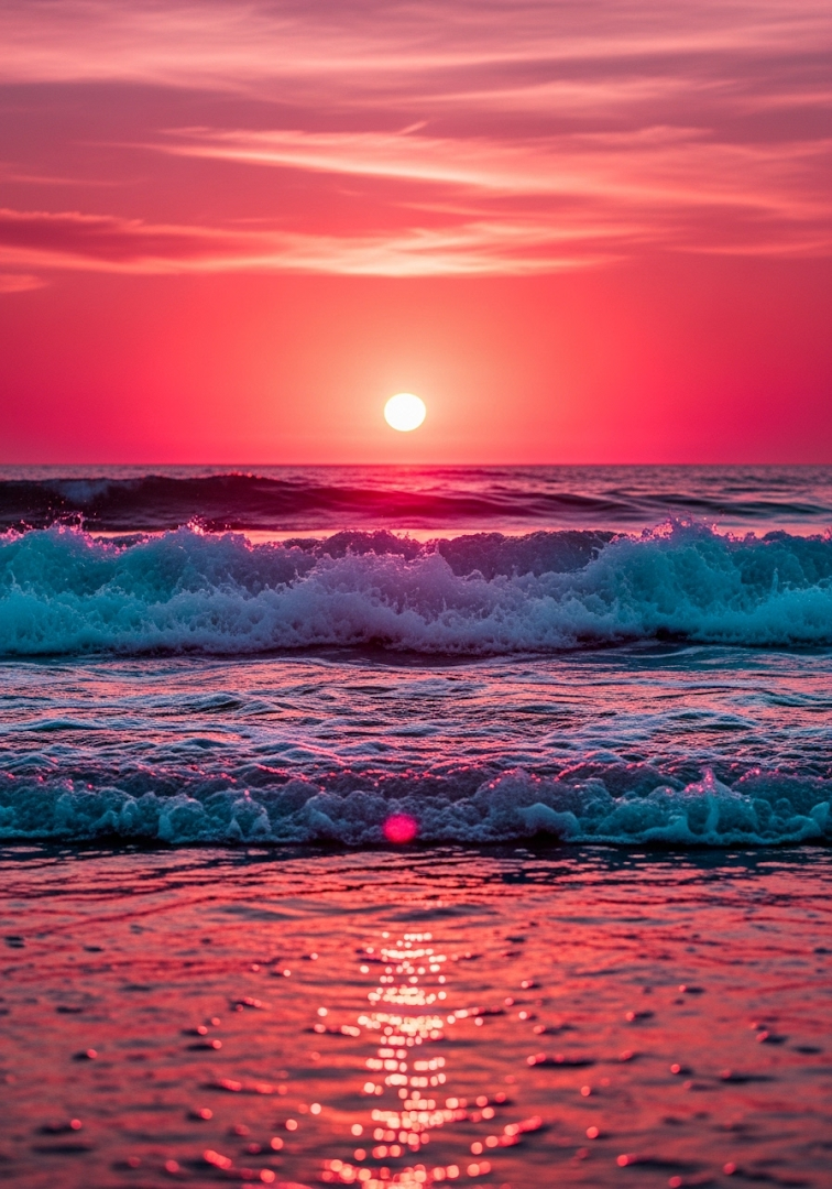 Vibrant Pink Sunset Beach Waves Bokeh