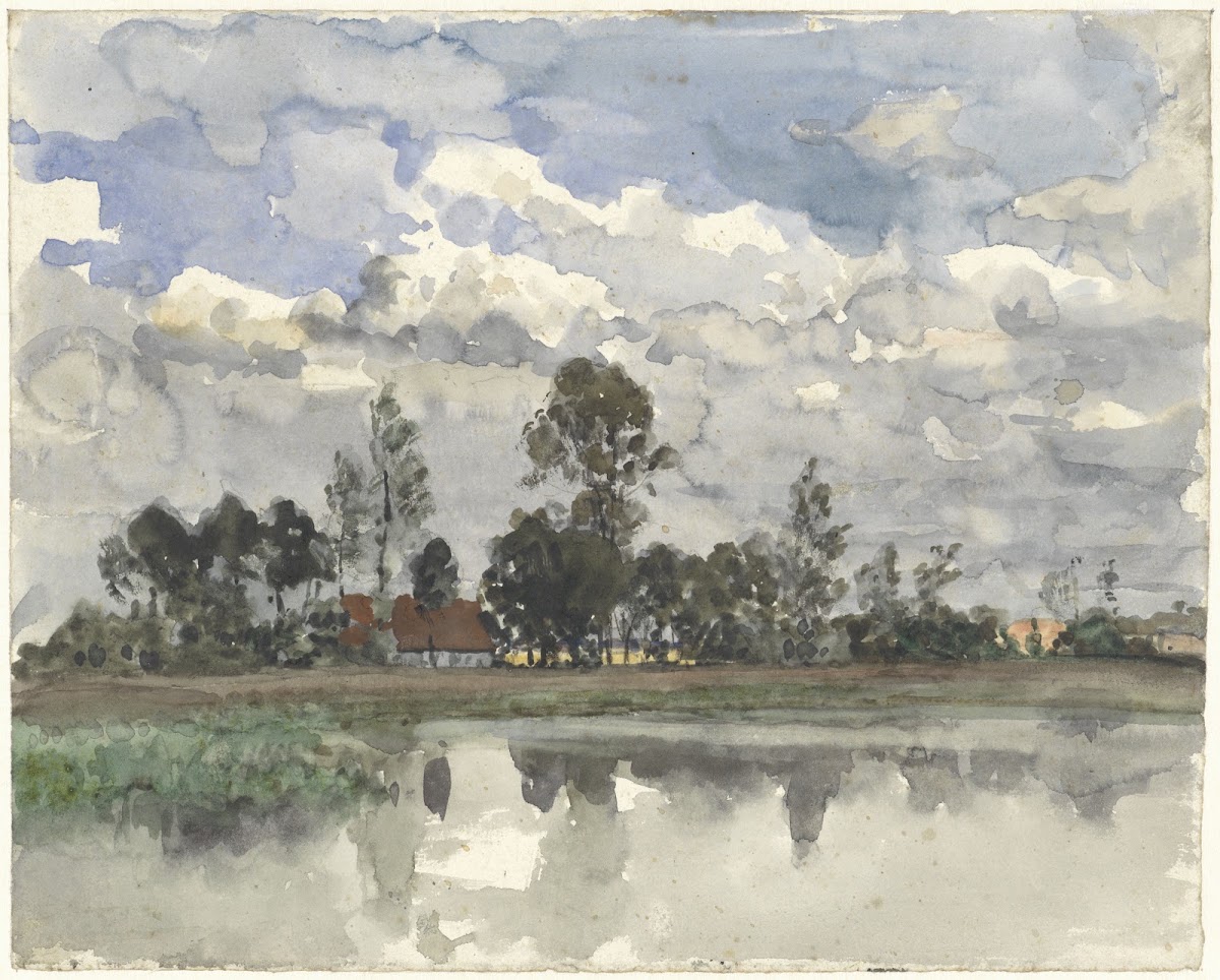Bomen zich spiegelend in het water bij een bewolkte lucht 1845   1925