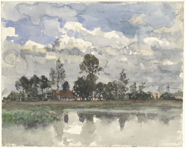 Bomen zich spiegelend in het water bij een bewolkte lucht 1845   1925