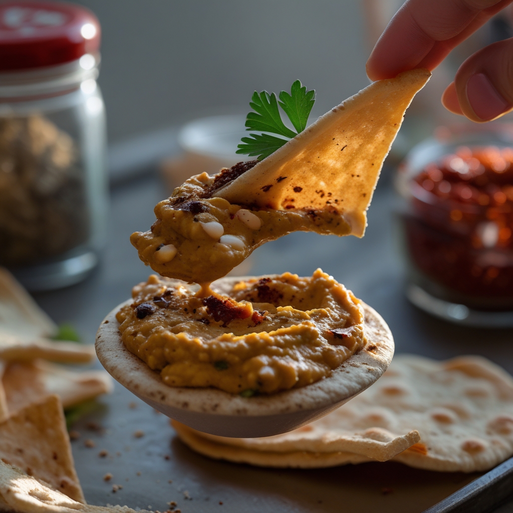 Final Smoky Harissa White Bean & Roasted Pepper Protein Dip with Homemade Za'atar Pita Chips