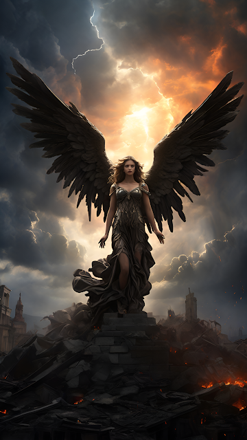 Fallen Angel with Dark Wings Amidst Ruins Under Stormy Sky - Free mobile Wallpaper