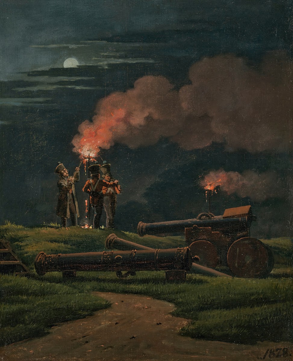 Artillerymen on guard at the Citadel of Copenhagen with Pitch Torches lit on the