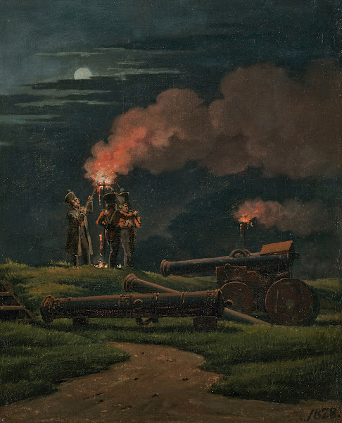 Artillerymen on guard at the Citadel of Copenhagen with Pitch Torches lit on the