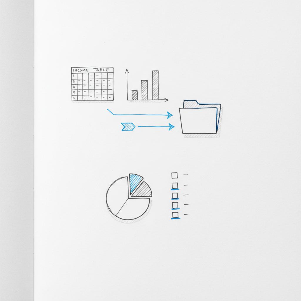 Top-down open notebook with sketched income table, small bar chart and arrows showing export/report steps in Agency Visible colors; Thumbtack report to the IRS