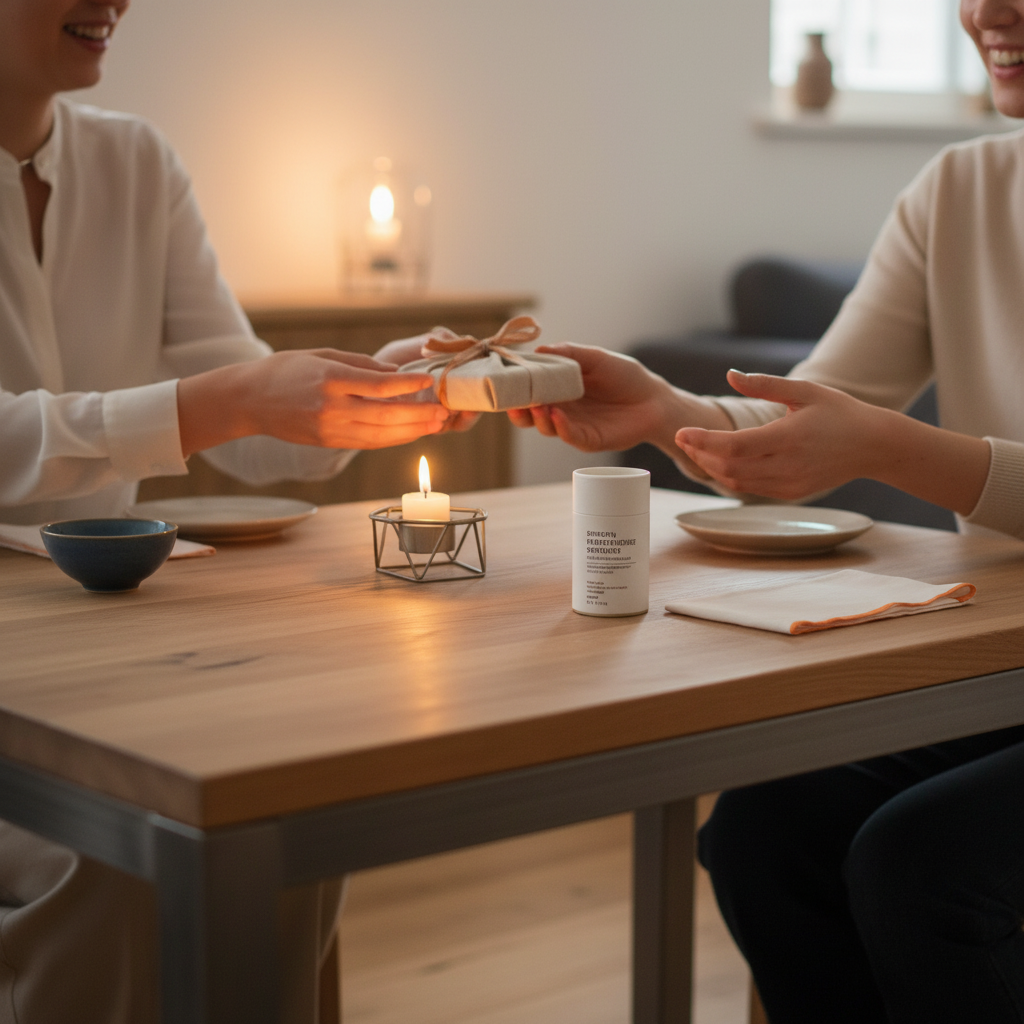 Abendliche Nahaufnahme: Hände teilen Essen und ein kleines handgemachtes Geschenk auf einem Holztisch mit Metalldetails – Gutscheinideen für mama, warme, intime Stimmung.