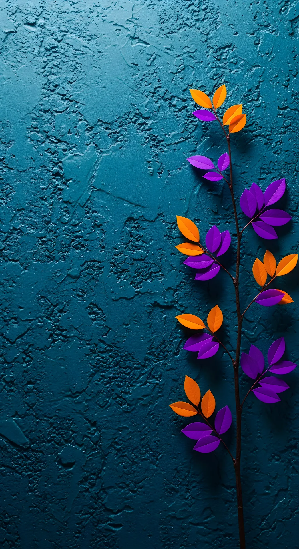 Minimalist Tree Branch with Bright Purple and Orange Leaves on a Textured Teal Wall - Free 4K mobile Wallpaper