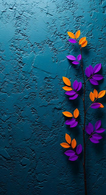 Minimalist Tree Branch with Bright Purple and Orange Leaves on a Textured Teal Wall - Free mobile Wallpaper