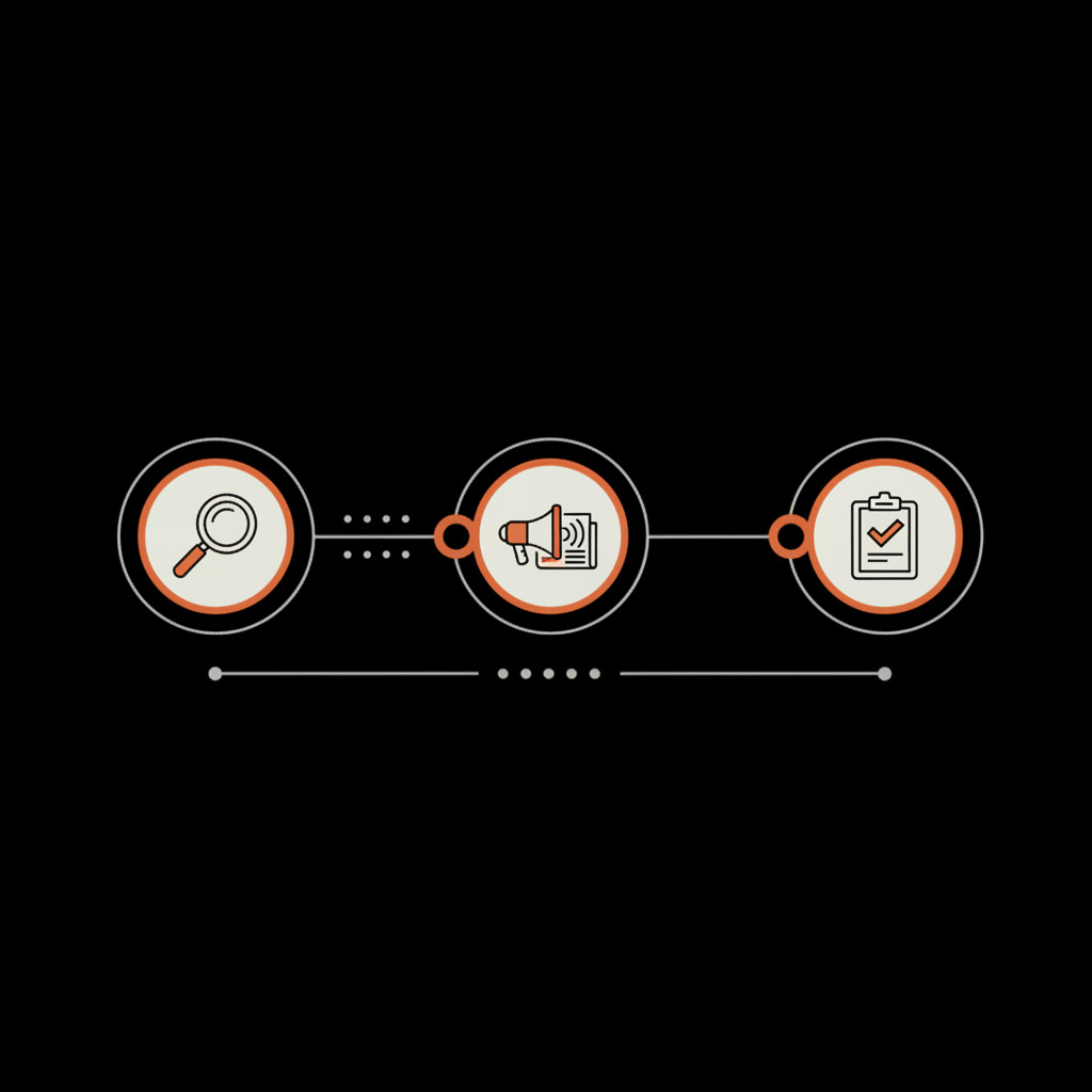 Minimal 2D vector timeline infographic showing audit to press coverage to application process for instagram verification using brand colors #000000 #dddddd #edf1e9 #dc5c2b