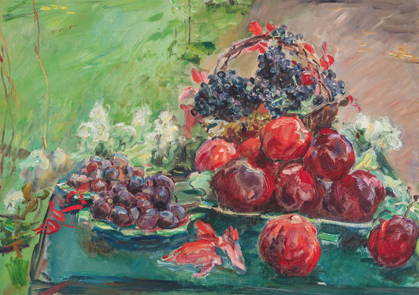 Still life with apples grapes and plums before 1920
