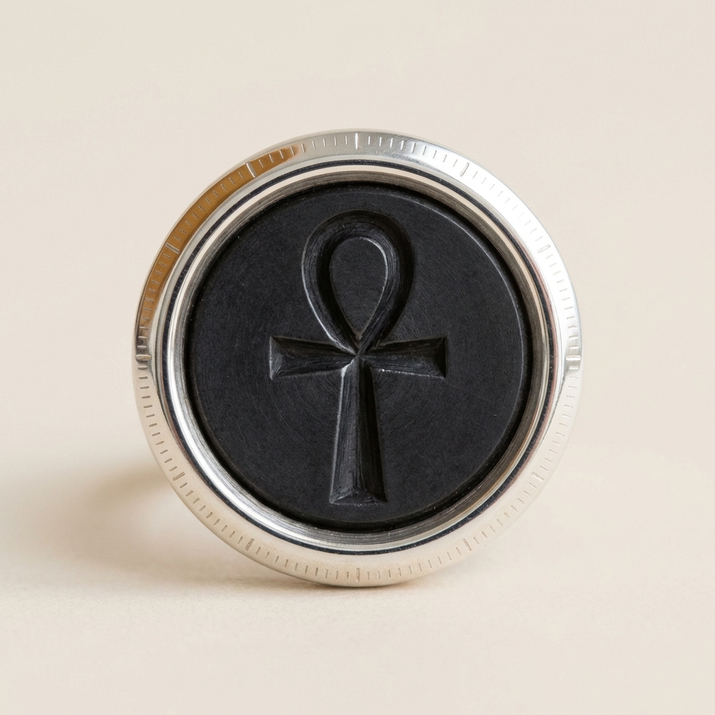 Macro detail of an intaglio ankh ring in a silver bezel showing sharp bezel edge and engraved inner diameter scale on pale beige background ankh ring