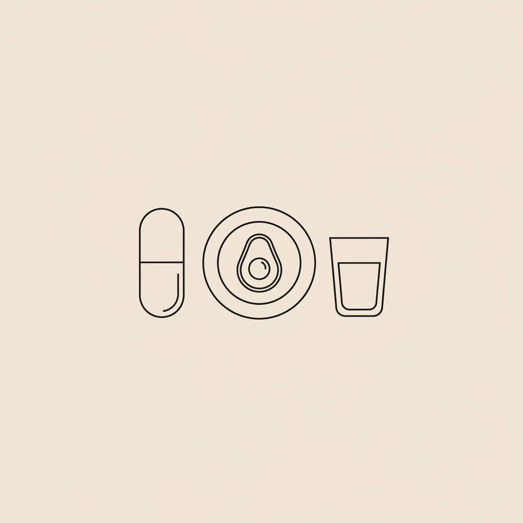 Minimalist Tonum-style line illustration of a capsule beside a plate with a small avocado half and water glass on beige background, representing keto weight loss supplements.