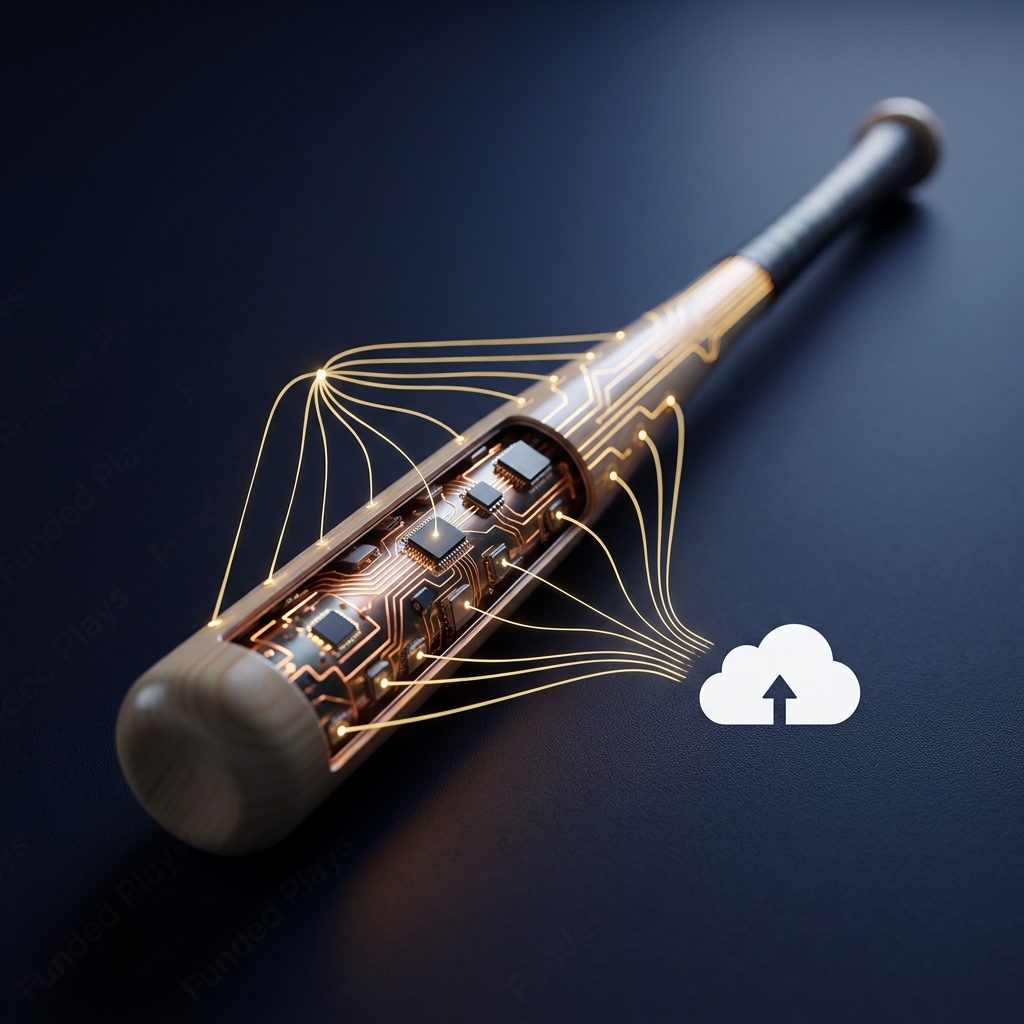 How Live Game Data Supports Better Decisions sensor equipped ball or bat with telemetry lines to cloud icon on Funded Plays dark minimalist background