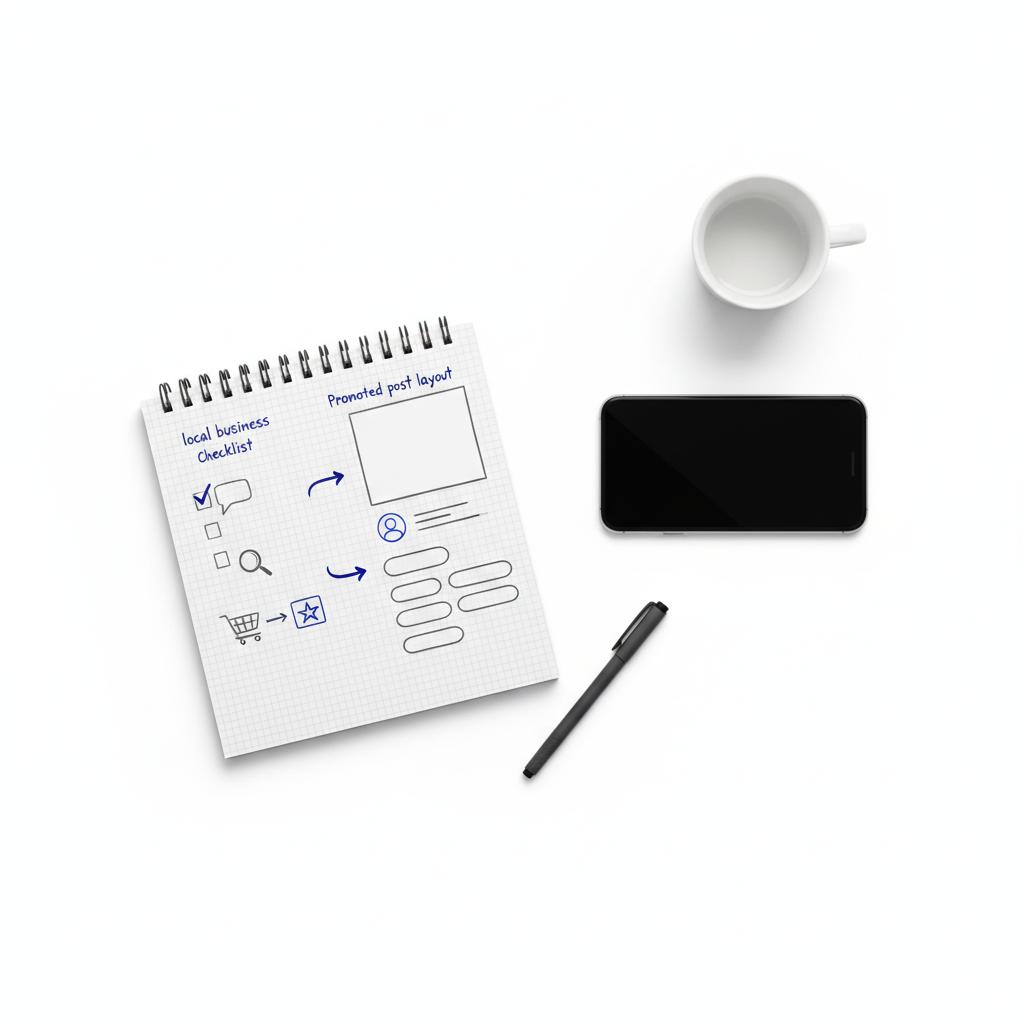 Top-down flatlay of a local business checklist notepad with sketched promoted-post layout, blank phone screen and coffee cup &mdash; Nextdoor charge a fee