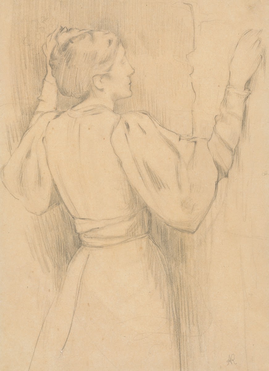 Etude de femme en costume moderne les bras levés