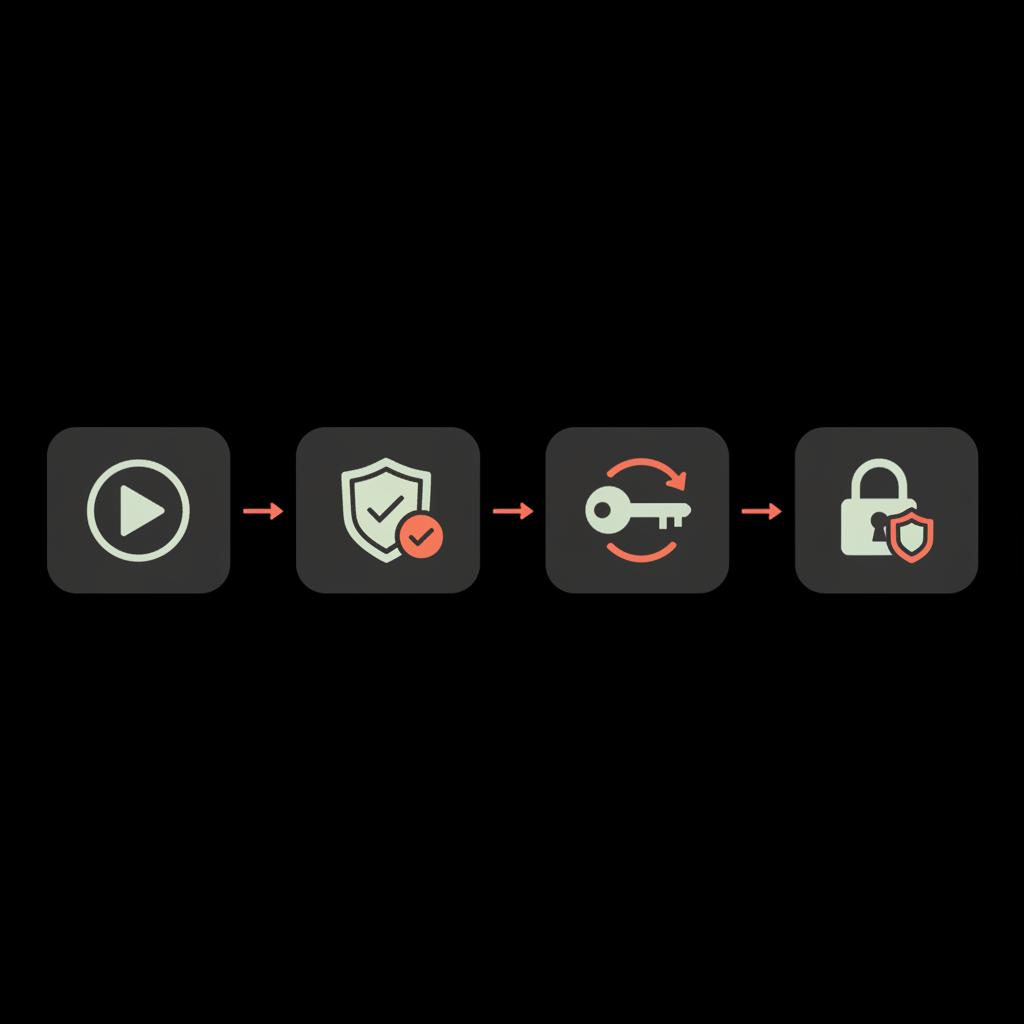 Minimal 2D vector flow infographic showing four icons for start, verify, reset password, and secure account on black background using Social Success Hub colors — reset gmail password