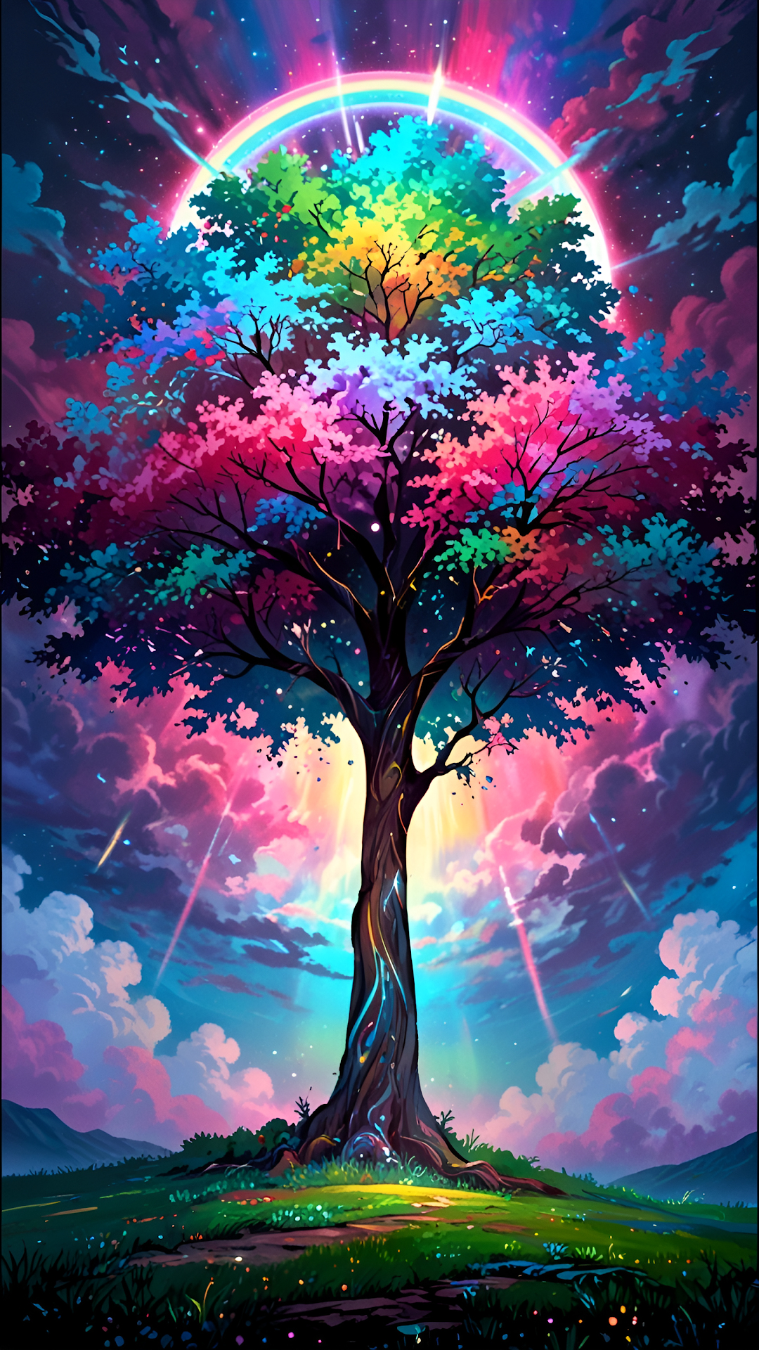 Vibrant Rainbow Tree of Life Fantasy Landscape Glowing Sky Art - Free 4K mobile Wallpaper