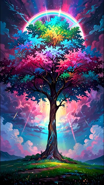 Vibrant Rainbow Tree of Life Fantasy Landscape Glowing Sky Art - Free mobile Wallpaper