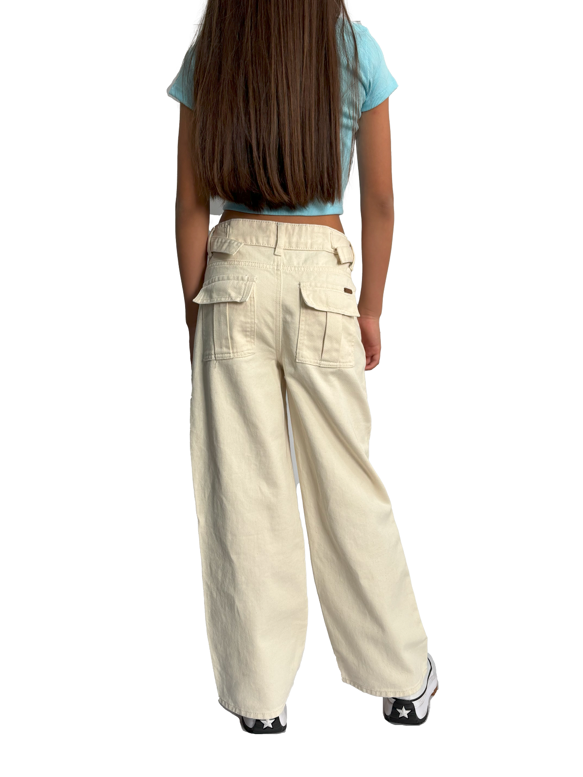 Jean niña cargo wide leg tiro medio en denim rígido color crudo - Vista 3