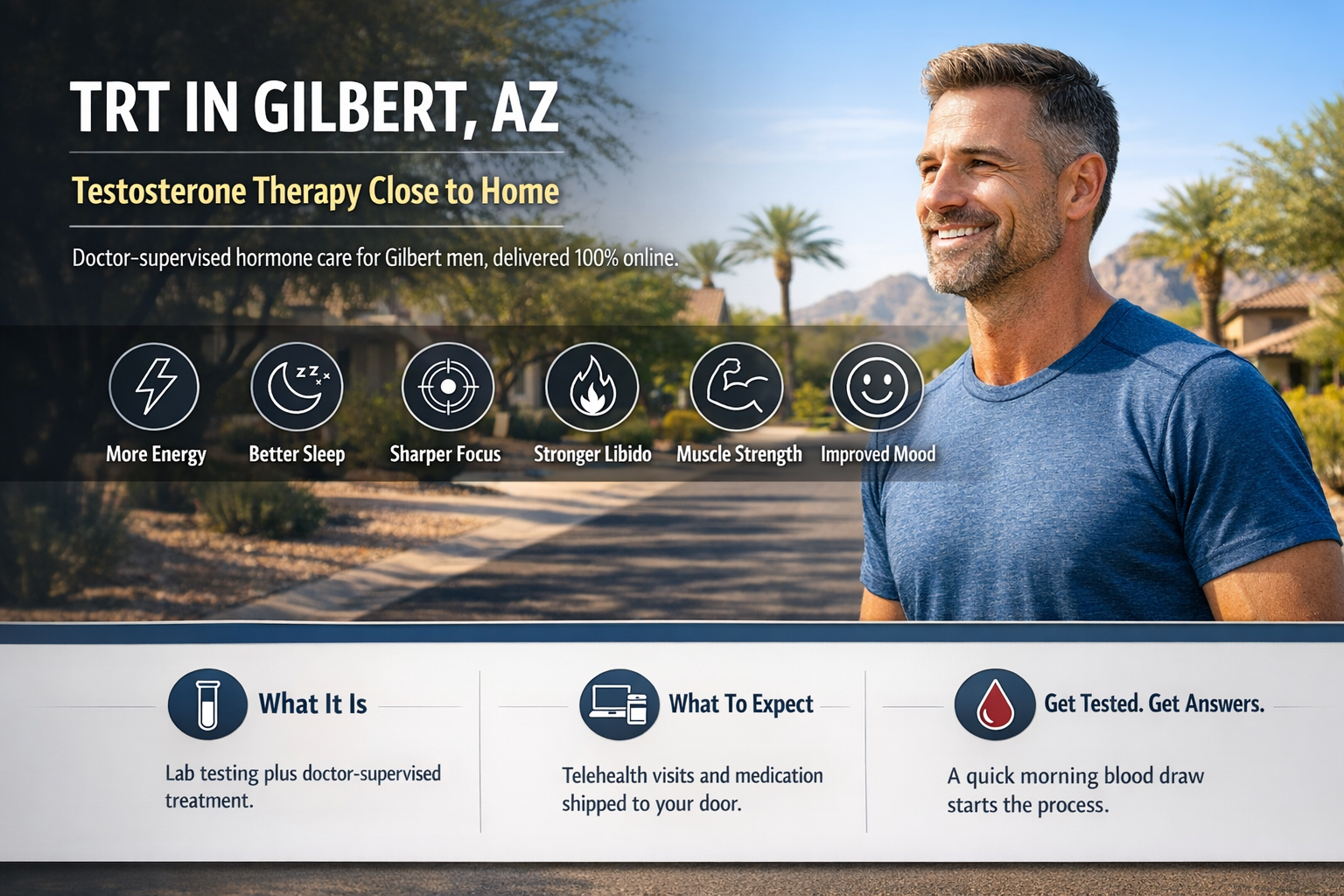 TRT in Gilbert, AZ: How to Get Testosterone Therapy — AZTRT Arizona TRT clinic blog cover showing a fit, healthy man in a sunny Gilbert neighborhood with benefits like more energy, better sleep, and improved mood