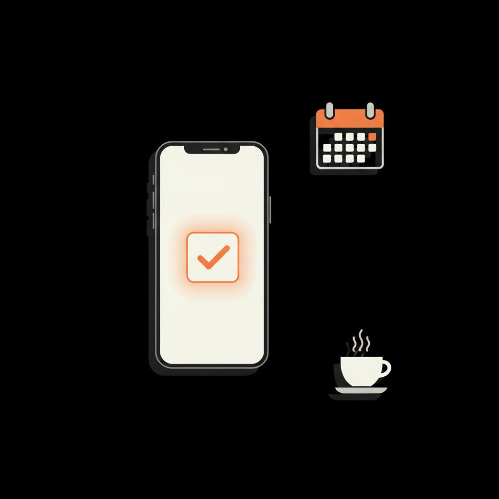 Minimal 2D vector desktop with phone showing a glowing verification check, calendar and coffee cup in brand palette, representing being verified on Instagram.