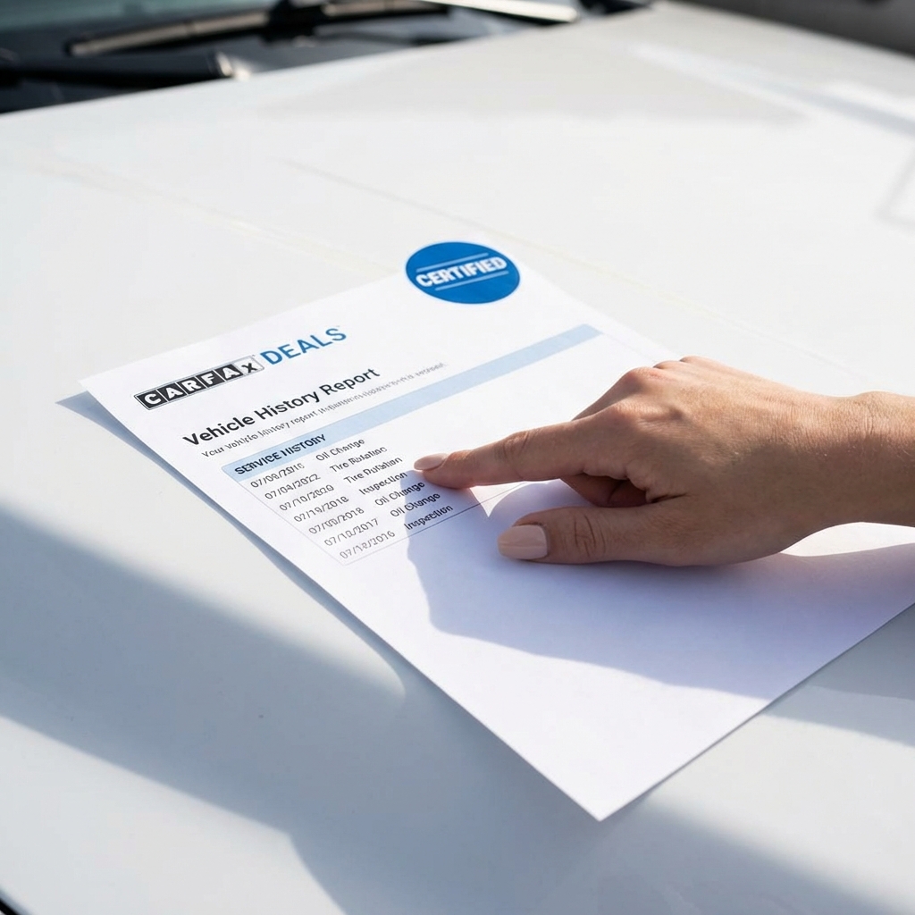 Close up of vehicle history report on truck hood with hand pointing to service entries used truck for sale near me