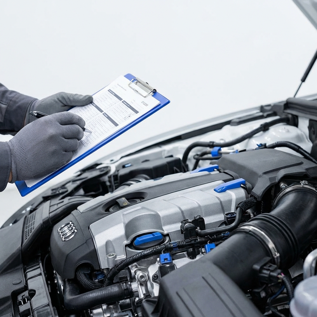 Close up of a technician inspecting an Audi engine bay with clipboard checklist at an audi car dealership white minimalist background