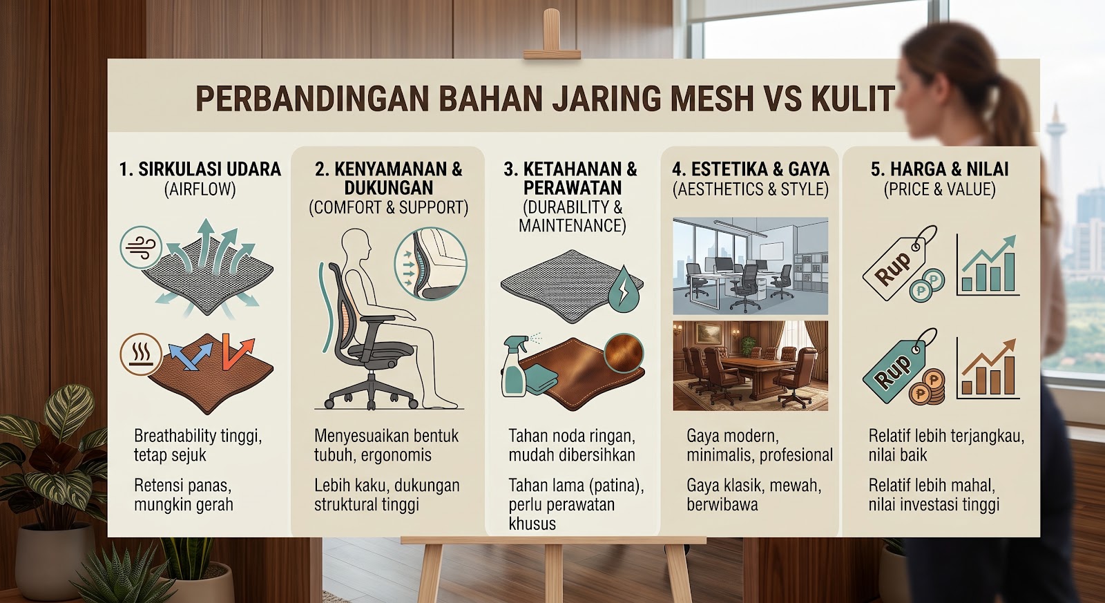 Perbandingan bahan kursi kantor jaring mesh dan kulit sintetis COCOUP