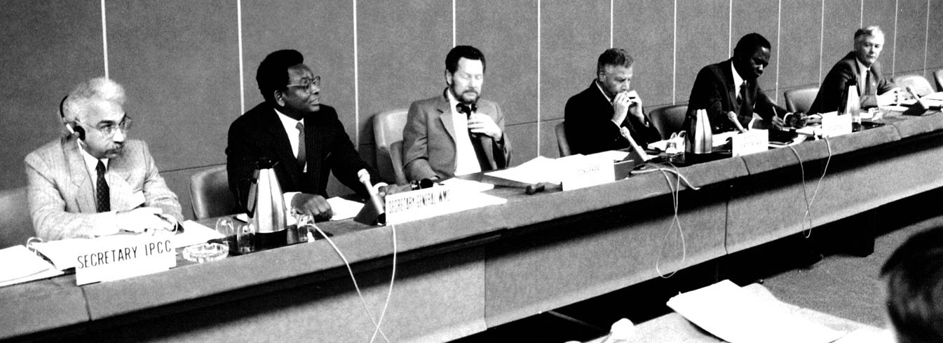 IPCC first session with secretary general nameplate visible on the far right taken in black and white