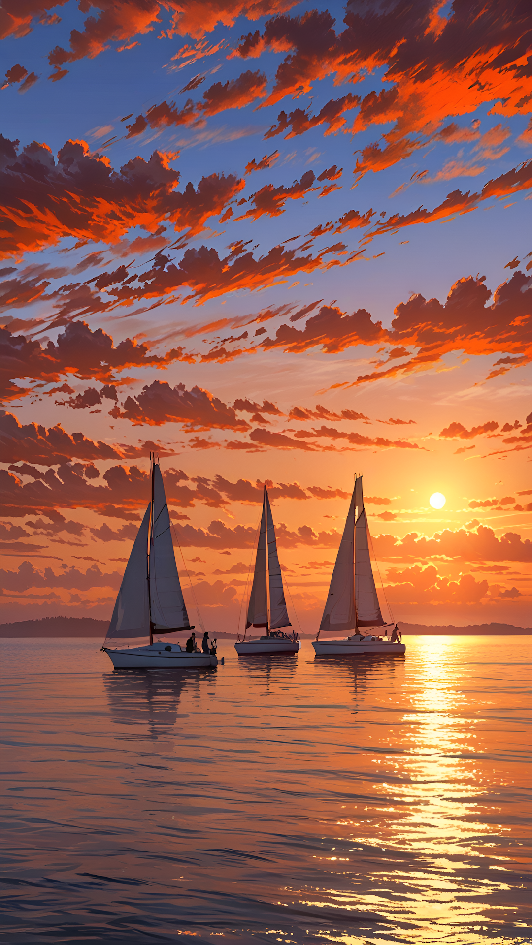 Sailboats Sunset Vibrant Orange Clouds Seascape - Free 4K mobile Wallpaper
