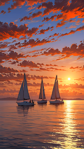 Sailboats Sunset Vibrant Orange Clouds Seascape