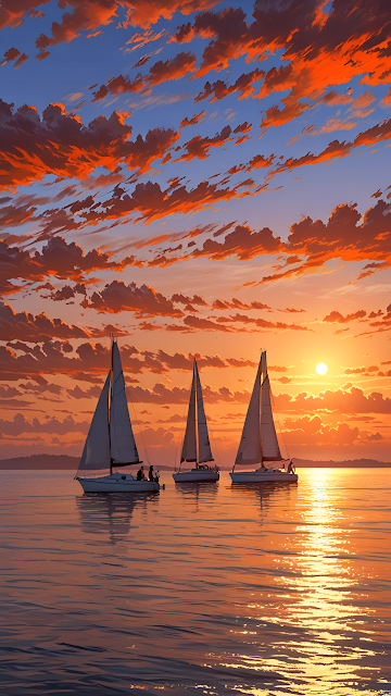 Sailboats Sunset Vibrant Orange Clouds Seascape - Free mobile Wallpaper