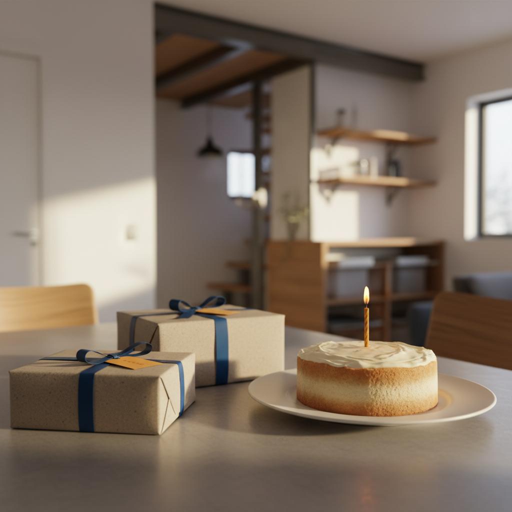 Intime Nahaufnahme eines Esstisches mit Geschenken und einfachem Vanillekuchen, dezente Steelmonks-Farben und warmes Licht — coole Geburtstagsgrüße