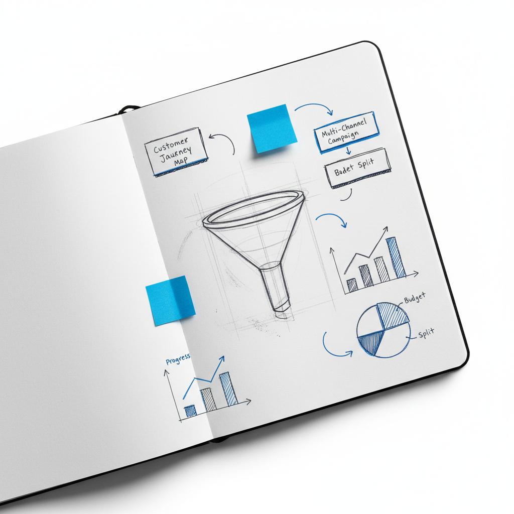 Hand-sketched notebook spread showing a marketing funnel, supporting graphs and blue sticky notes in brand colors, illustrating average CPA for Google Ads