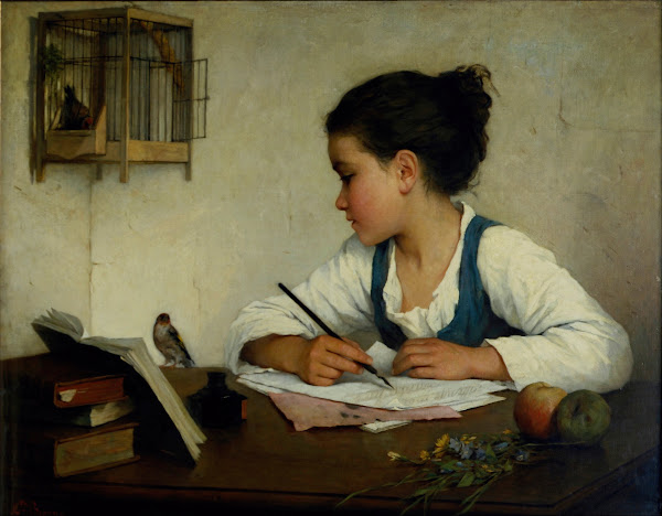 A Girl Writing The Pet Goldfinch circa 1870
