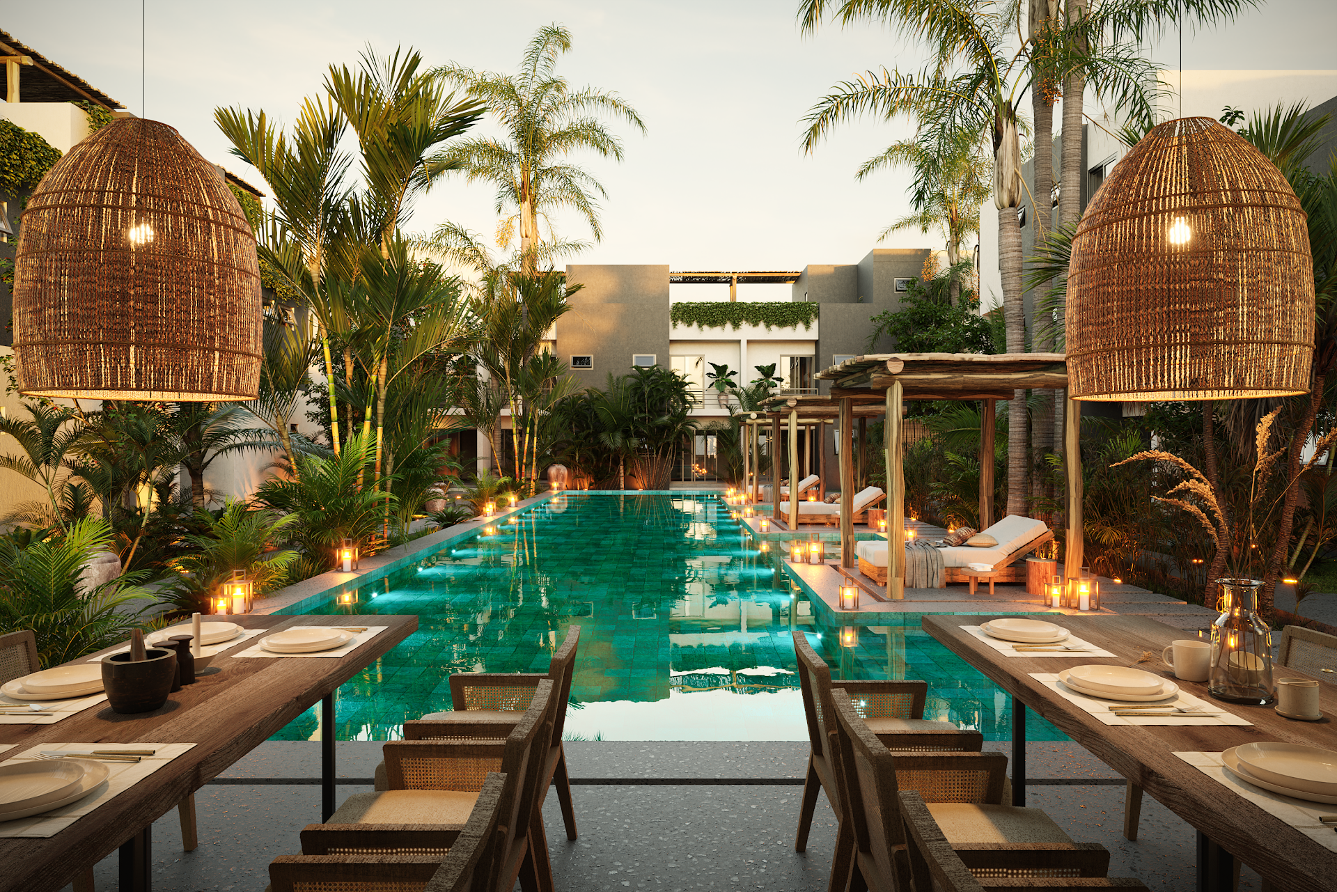 F&aacute;bula shared pool with loungers and tropical planting