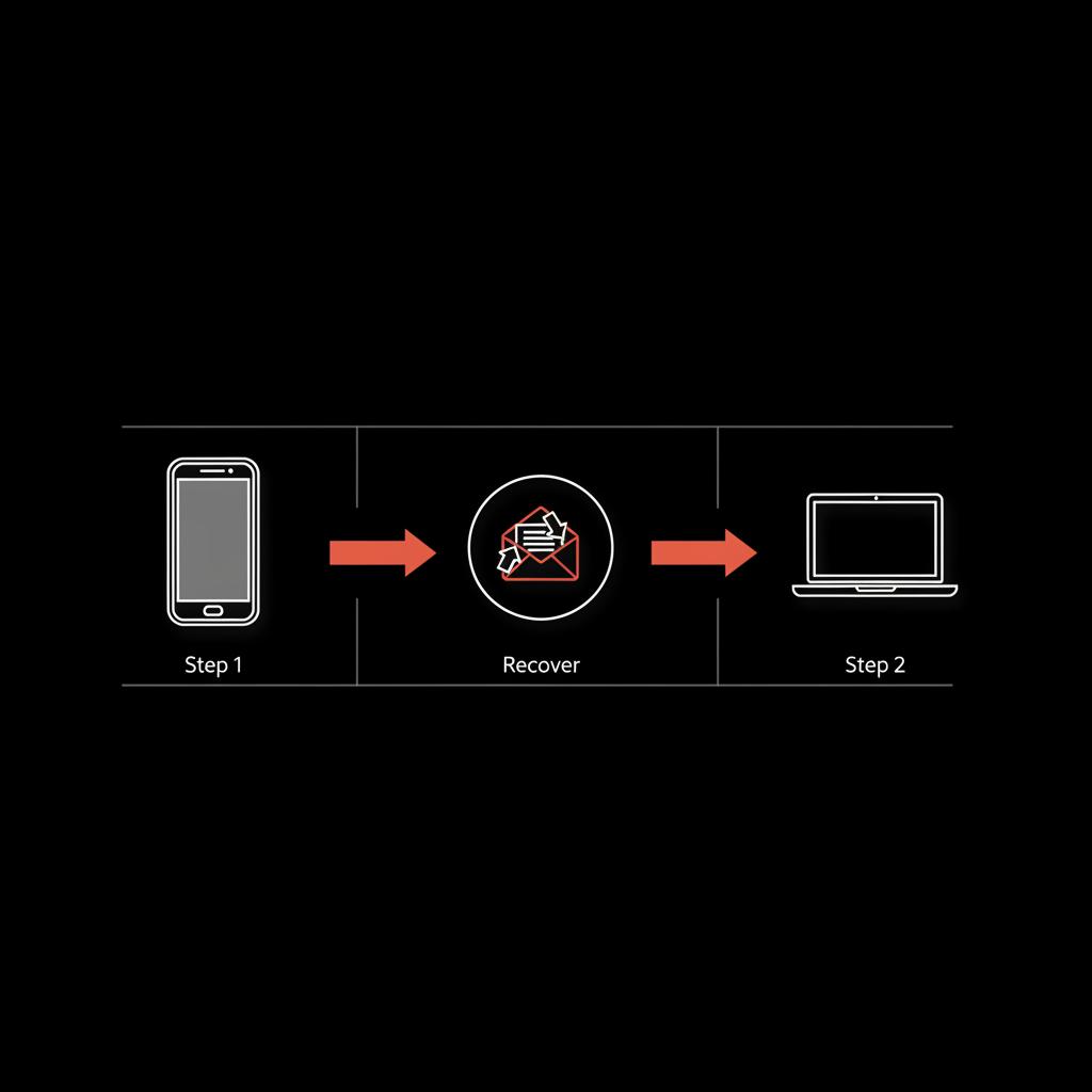 Infographic showing smartphone, laptop, and recovery email icons connected by arrows on black background, illustrating how to ask Google to restore my account