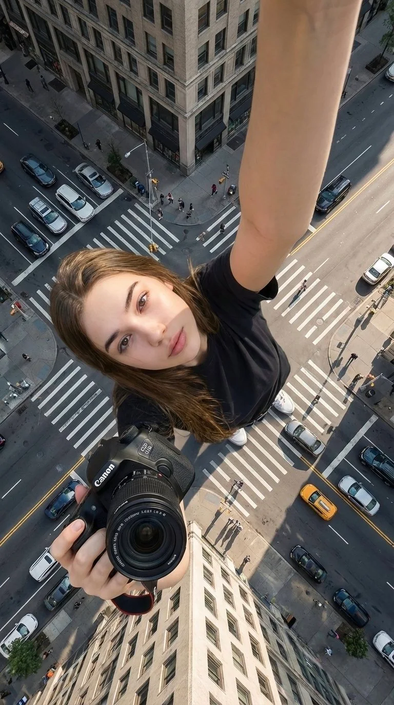 Fotografía de selfies cinematográfica hiperrealista: Mujer con cámara Canon en una intersección urbana
