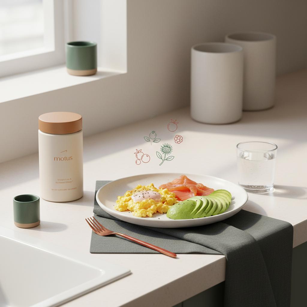How can I boost my metabolism? Tonum Motus jar beside plated high-protein breakfast of eggs, smoked salmon and avocado on a minimalist kitchen counter with soft morning light.