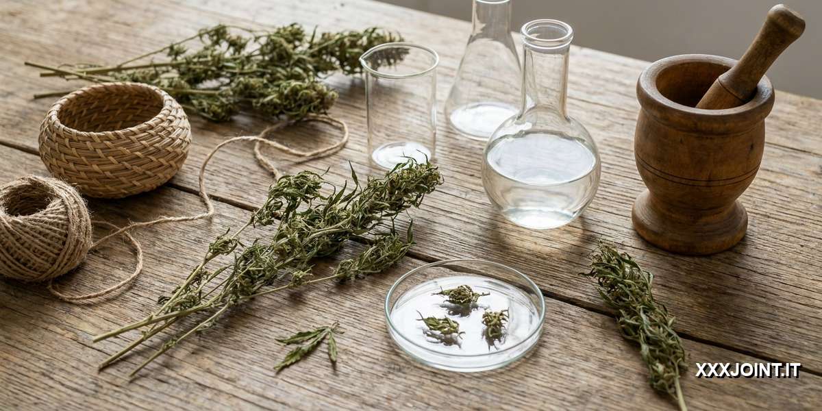 Strumenti rustici e materiali vegetali che suggeriscono usi storici e attuali della ruderalis