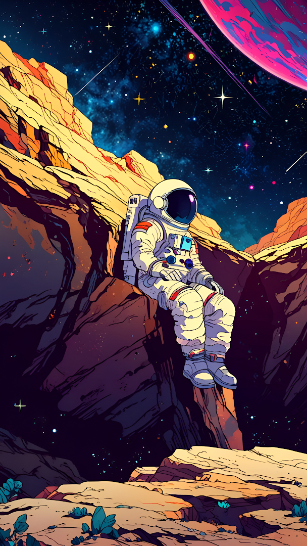 Astronaut Resting on Alien Cliff Under Starry Sky