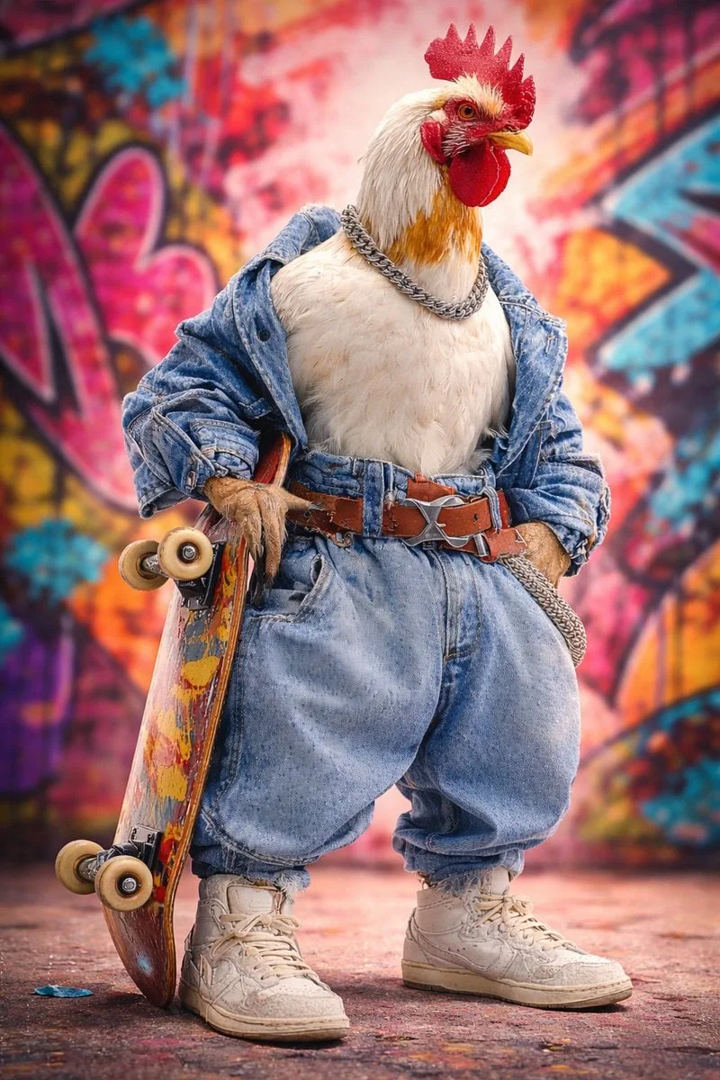 Retrato de estudio ultrarrealista de un gallo antropomórfico con estilo de patinador callejero.