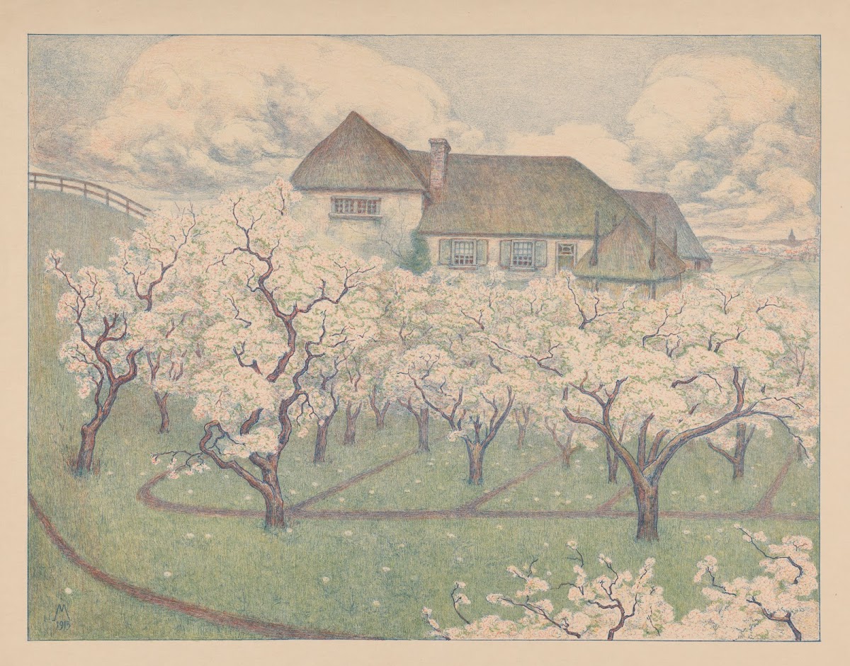 Boerderij met boomgaard in bloei 1915