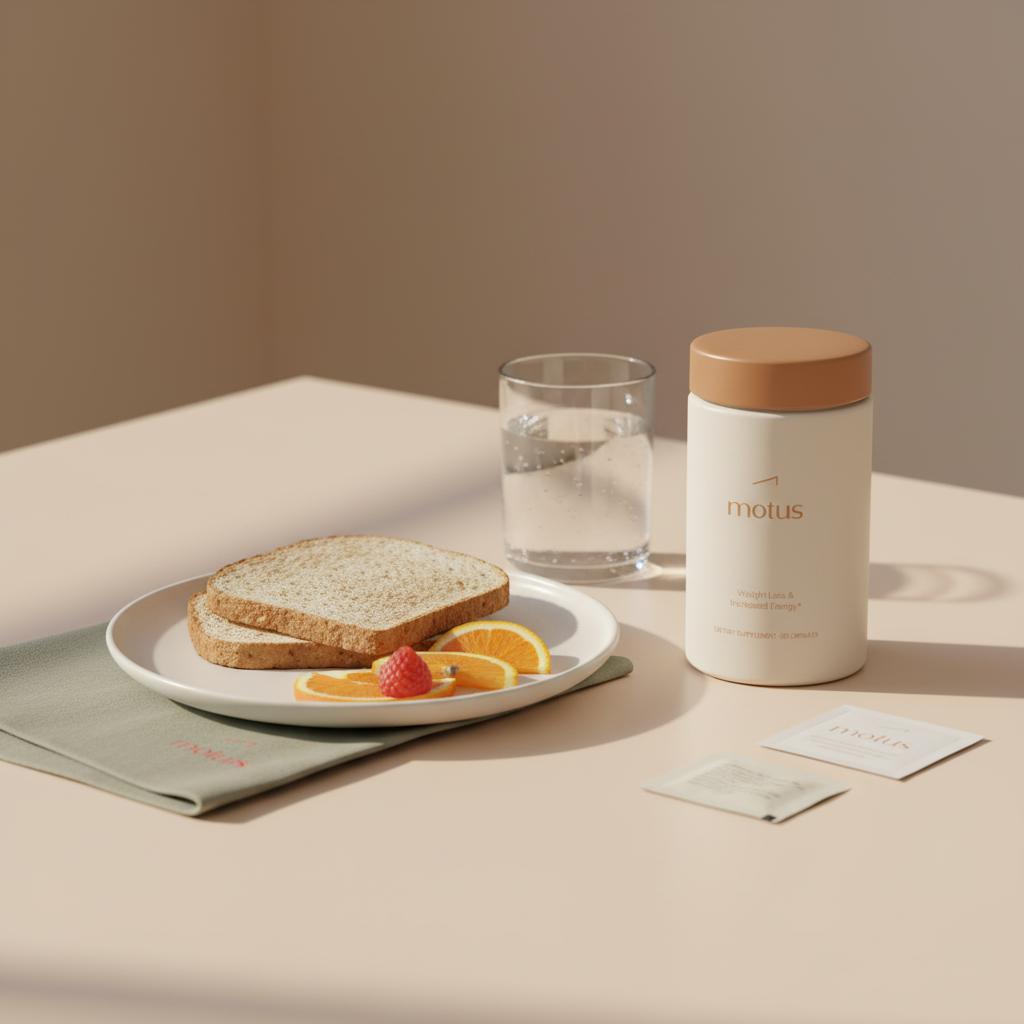 Tonum supplement container on a beige tabletop beside a breakfast plate and water glass, illustrating taking supplements with meals to reduce alpha-lipoic acid heartburn.