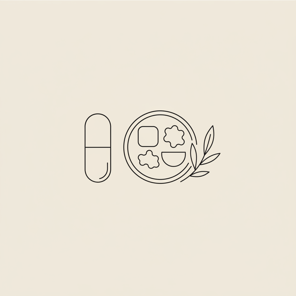 Tonum-style minimalist line illustration of a capsule, a balanced plate portion and an abstract leaf on beige background — what is the best non prescription weight loss pill