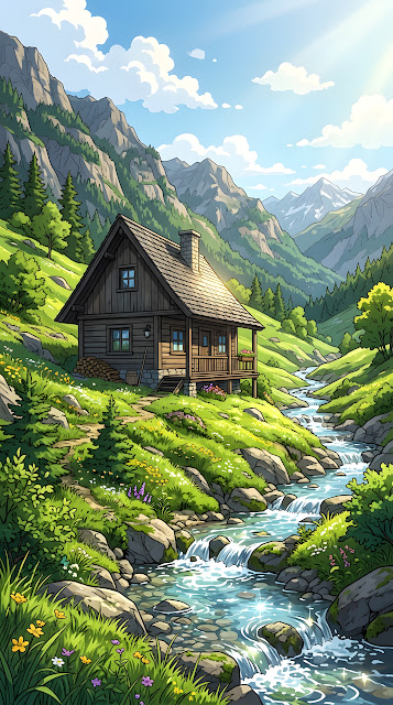 Anime Style Mountain Cabin Landscape - Free mobile Wallpaper