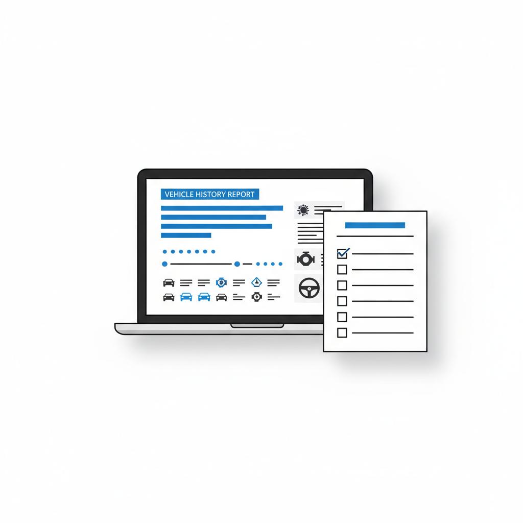 Minimalist 2D vector of a laptop with a vehicle history report shown as charts icon rows and timeline next to a printed inspection checklist with checkboxes on a white bench corvettes for sale near me
