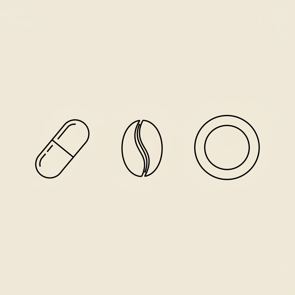 Minimal Tonum-style line illustration of a coffee bean, capsule, and plate on beige background, referencing does green coffee reduce belly fat