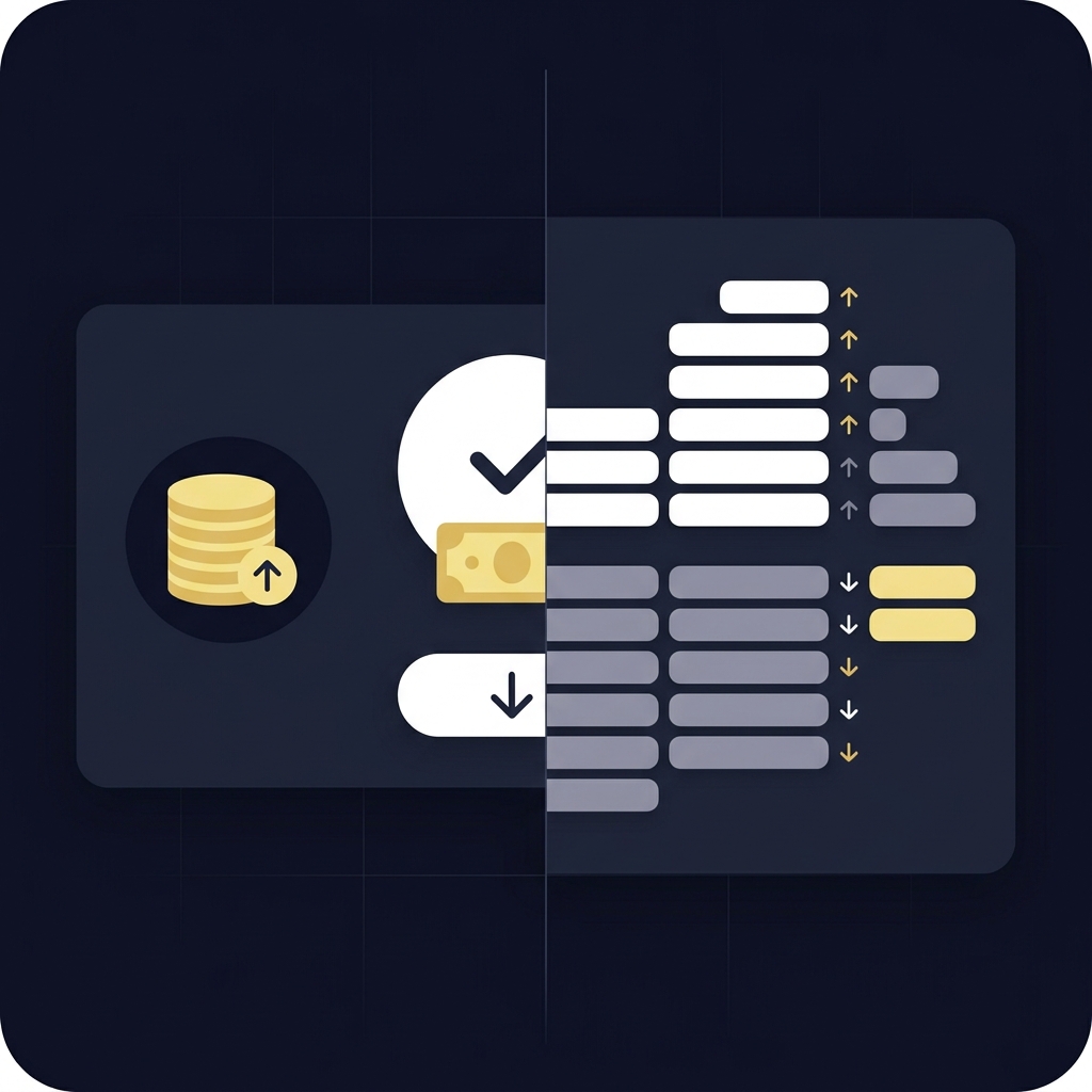 Split screen 2D vector comparing cashier style cash out popup and exchange order book in Funded Plays brand colors illustrating What Is Hedging in Sports Trading